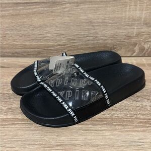 NWT PINK VS Victoria secret black clear logo Slides slip on Sandals size small